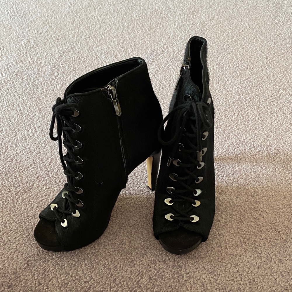 Sam Edelman calf hair Black Lace-Up Peep-Toe Ankle Boots
